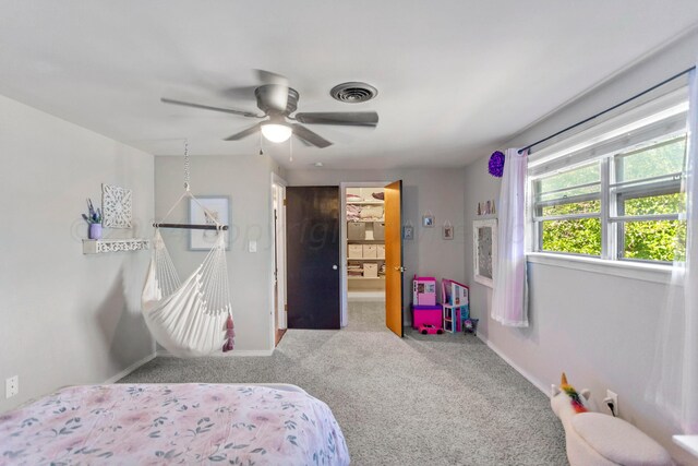 bedroom featuring carpet flooring, ceiling fan, and a walk in closet