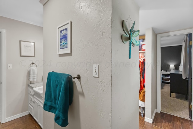 bathroom featuring wood-type flooring and vanity