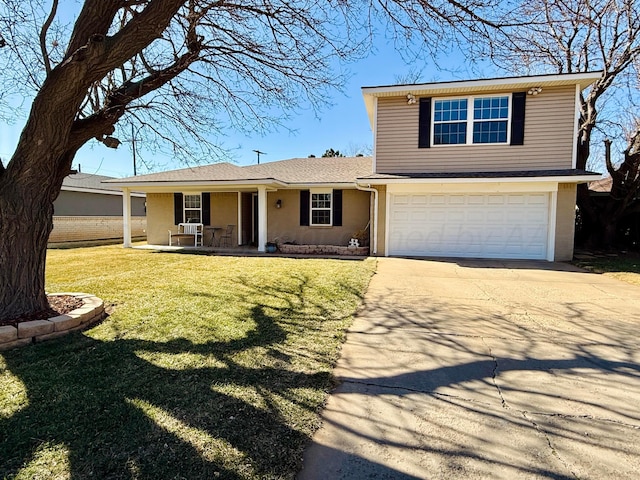 view of front of house featuring a garage, a porch, and a front lawn