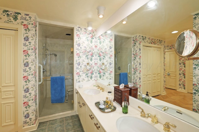 6 Woodstone St, Amarillo, TX 79106 - full bath with wallpapered walls, a stall shower, double vanity, and recessed lighting