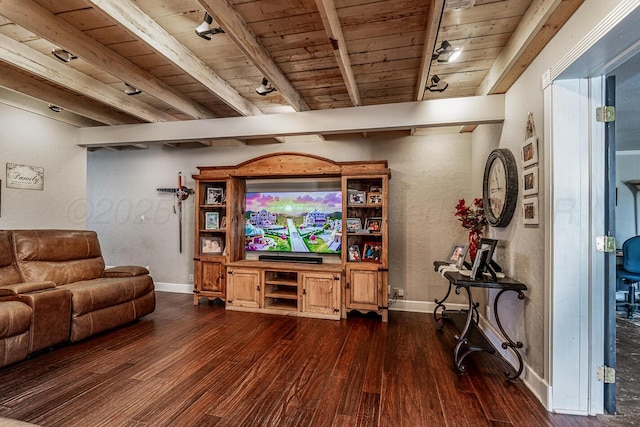 living room featuring dark wood-type flooring, wood ceiling, beamed ceiling, and baseboards