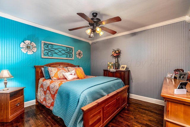 bedroom with dark wood-style floors, ceiling fan, baseboards, and crown molding