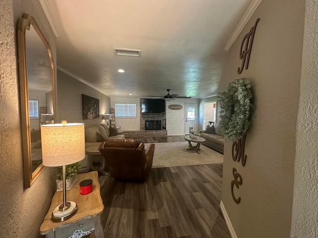 313 Mustang St, Fritch, TX 79036 - living area featuring dark wood-style flooring, a glass covered fireplace, plenty of natural light, ornamental molding, and a ceiling fan