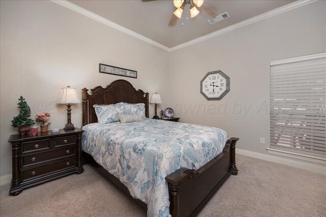 7808 Pineridge Dr, Amarillo, TX 79119 - bedroom featuring light colored carpet, baseboards, ornamental molding, and ceiling fan