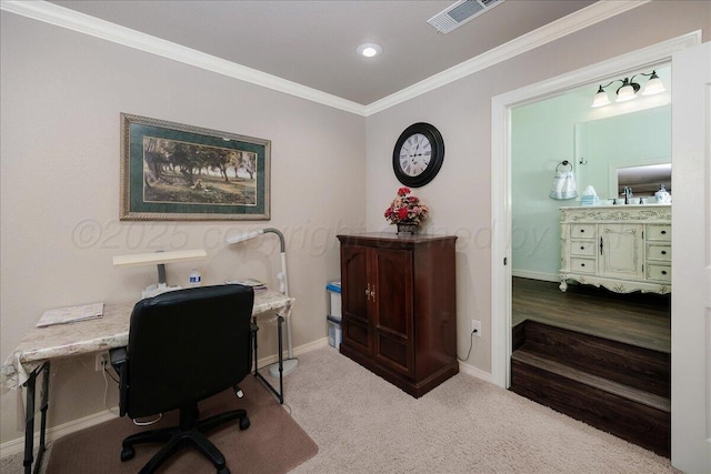 7808 Pineridge Dr, Amarillo, TX 79119 - carpeted home office with ornamental molding, baseboards, and recessed lighting