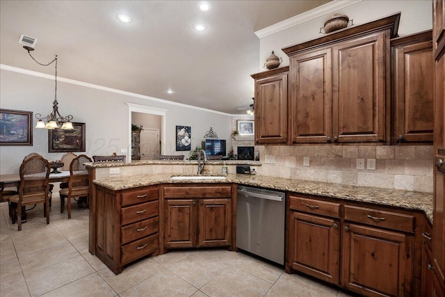 7808 Pineridge Dr, Amarillo, TX 79119 - kitchen with stainless steel dishwasher, a sink, crown molding, a peninsula, and light tile patterned flooring