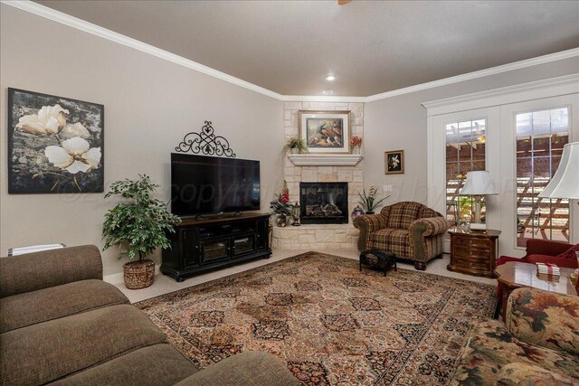 7808 Pineridge Dr, Amarillo, TX 79119 - living area with ornamental molding, a stone fireplace, carpet flooring, and baseboards