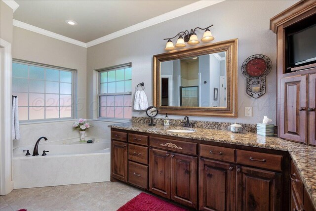 7808 Pineridge Dr, Amarillo, TX 79119 - bathroom with vanity, a bath, crown molding, and tile patterned flooring