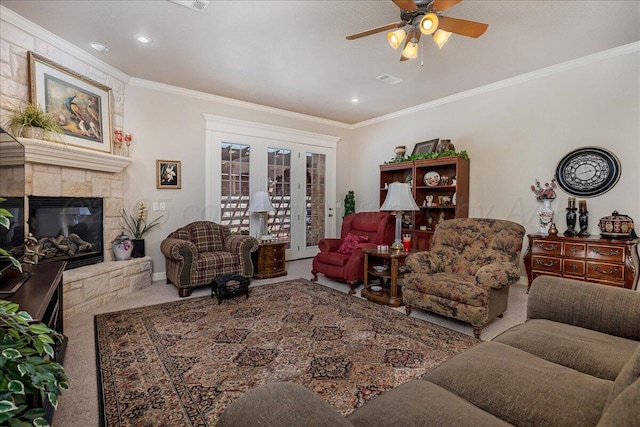 7808 Pineridge Dr, Amarillo, TX 79119 - living room with crown molding, ceiling fan, carpet flooring, a fireplace, and recessed lighting