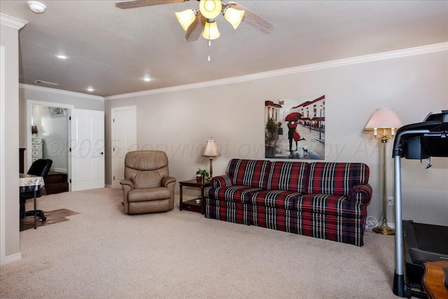 7808 Pineridge Dr, Amarillo, TX 79119 - living area featuring carpet, crown molding, ceiling fan, and recessed lighting