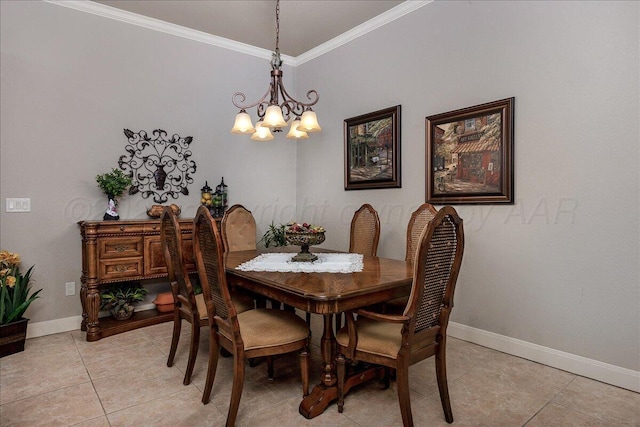 7808 Pineridge Dr, Amarillo, TX 79119 - dining area with a chandelier, ornamental molding, baseboards, and light tile patterned floors
