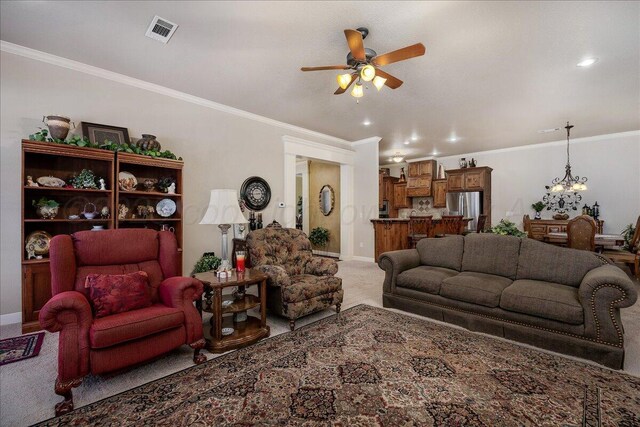 7808 Pineridge Dr, Amarillo, TX 79119 - living area featuring ornamental molding, ceiling fan, light carpet, a chandelier, and baseboards