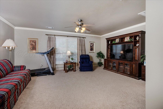 7808 Pineridge Dr, Amarillo, TX 79119 - carpeted living room featuring ceiling fan and crown molding