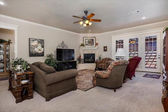 7808 Pineridge Dr, Amarillo, TX 79119 - carpeted living room featuring ceiling fan, ornamental molding, a fireplace, and recessed lighting