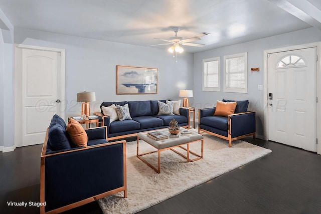 3804 NE 26th Ave, Amarillo, TX 79107 - living area featuring ceiling fan, dark wood-type flooring, and baseboards