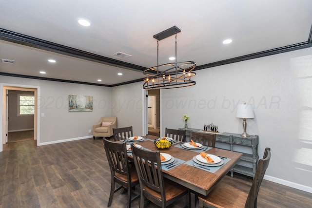 dining area featuring crown molding, recessed lighting, baseboards, and dark wood-type flooring