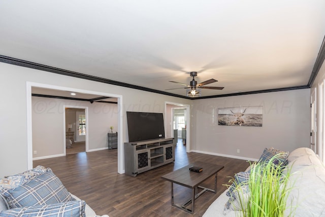 living room with baseboards, ornamental molding, a ceiling fan, and dark wood finished floors