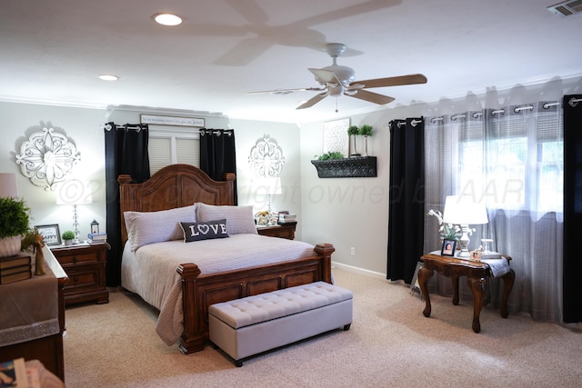210 Ranger St, Hereford, TX 79045 - bedroom featuring light carpet, ornamental molding, recessed lighting, and ceiling fan