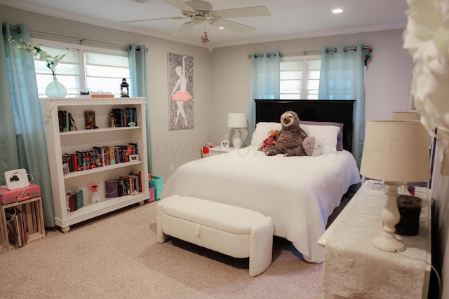 210 Ranger St, Hereford, TX 79045 - bedroom with crown molding, recessed lighting, ceiling fan, and carpet