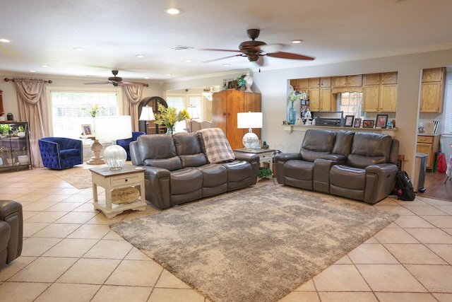 210 Ranger St, Hereford, TX 79045 - living room with a ceiling fan, light tile patterned floors, crown molding, and recessed lighting