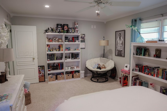 210 Ranger St, Hereford, TX 79045 - carpeted bedroom with ornamental molding, a ceiling fan, and recessed lighting