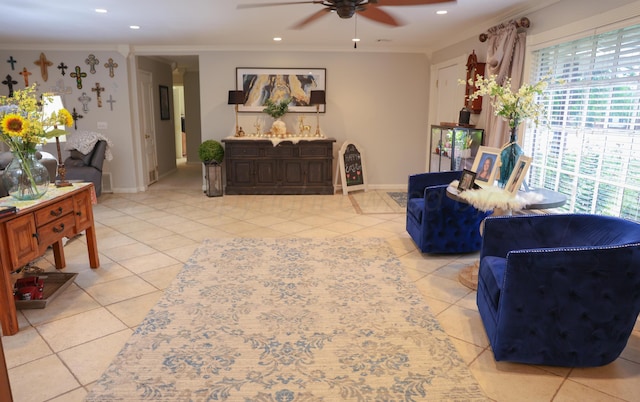 210 Ranger St, Hereford, TX 79045 - living area with ceiling fan, light tile patterned flooring, recessed lighting, and ornamental molding