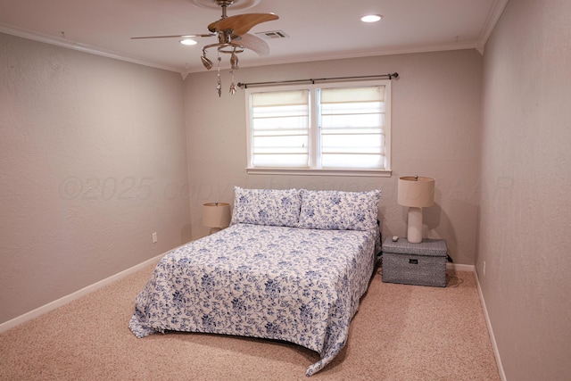 210 Ranger St, Hereford, TX 79045 - carpeted bedroom with ornamental molding, recessed lighting, and ceiling fan