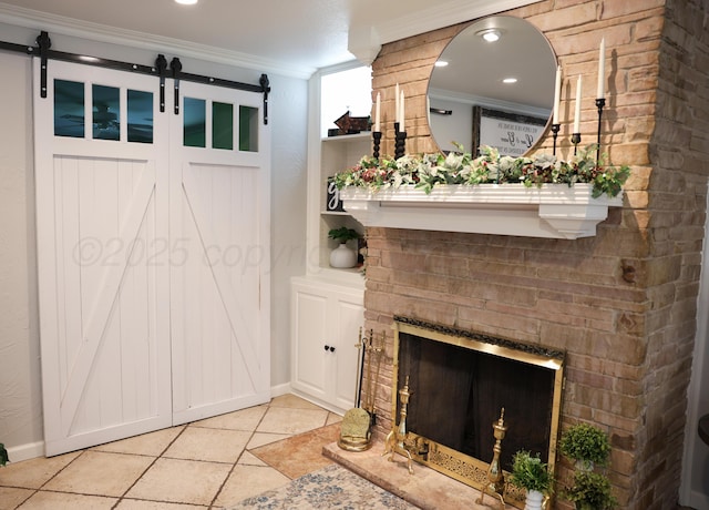 210 Ranger St, Hereford, TX 79045 - detailed view of crown molding, a barn door, and a fireplace