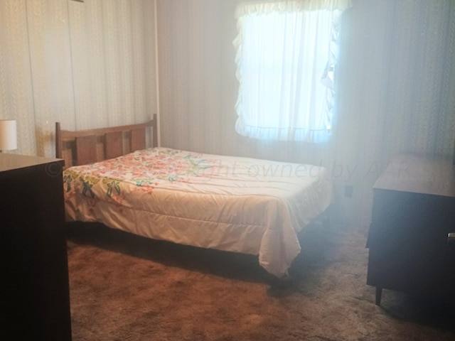 bedroom with dark colored carpet