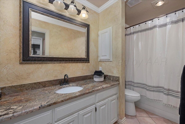 3507 Brennan Gdns, Amarillo, TX 79121 - full bathroom with a textured wall, vanity, tile patterned flooring, and crown molding