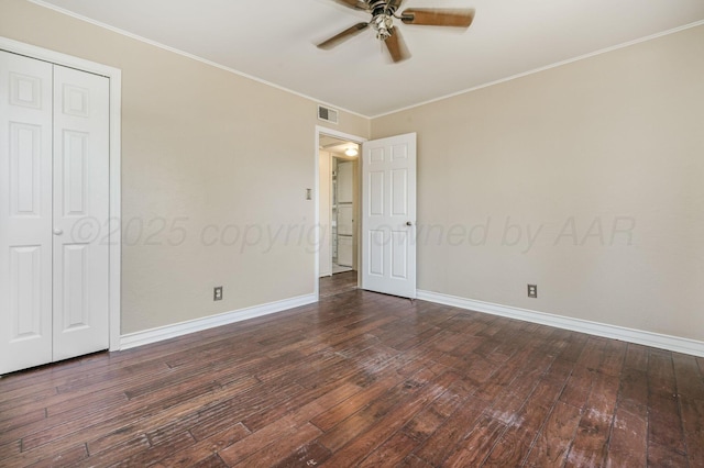4004 S Van Buren St, Amarillo, TX 79110 - unfurnished bedroom with wood-type flooring, crown molding, ceiling fan, and a closet