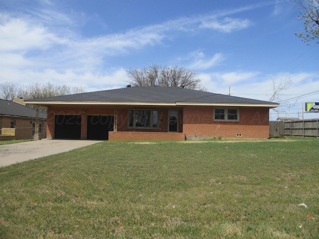 ranch-style house featuring a garage, brick siding, and concrete driveway