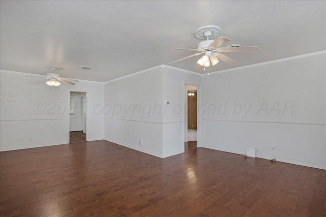 unfurnished room with crown molding, wood finished floors, and ceiling fan
