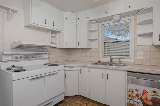 kitchen with white electric range oven, open shelves, white cabinetry, under cabinet range hood, and dishwasher