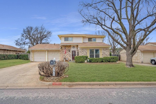 front facade with a garage and a front lawn