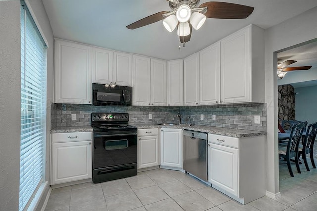 kitchen with white cabinets, tasteful backsplash, ceiling fan, and black appliances