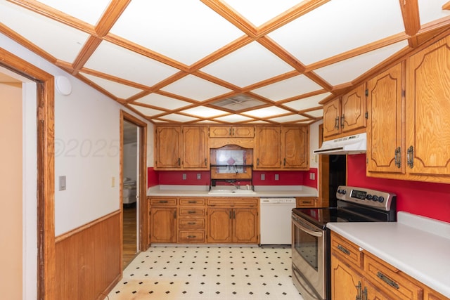 507 Aaron Rd, Fritch, TX 79036 - kitchen featuring a sink, brown cabinetry, stainless steel electric stove, dishwasher, and under cabinet range hood