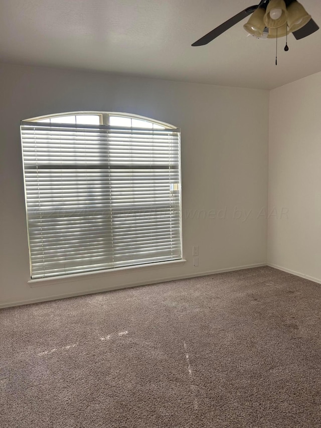 empty room with carpet flooring and a ceiling fan