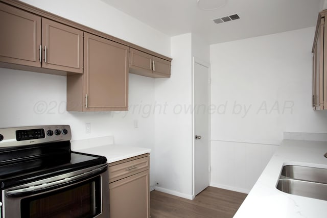 kitchen featuring sink, dark hardwood / wood-style flooring, and stainless steel range with electric stovetop