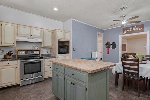 kitchen featuring oven, stainless steel electric range, a ceiling fan, finished concrete floors, and under cabinet range hood