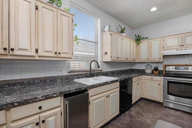 kitchen featuring backsplash, cream cabinets, a sink, under cabinet range hood, and stainless steel appliances