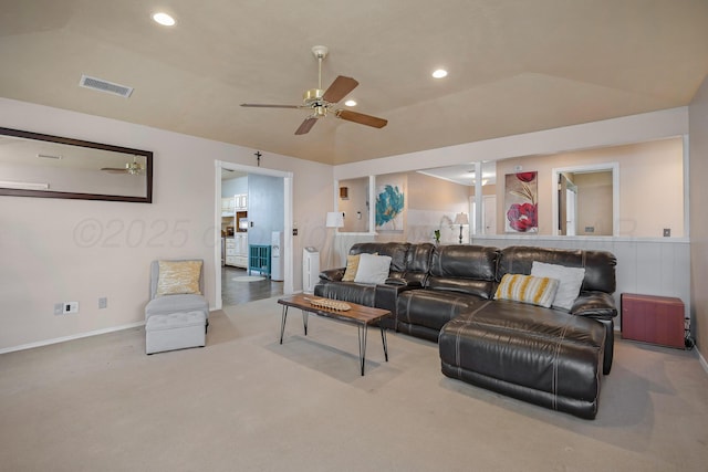 living room with visible vents, carpet flooring, baseboards, recessed lighting, and a ceiling fan