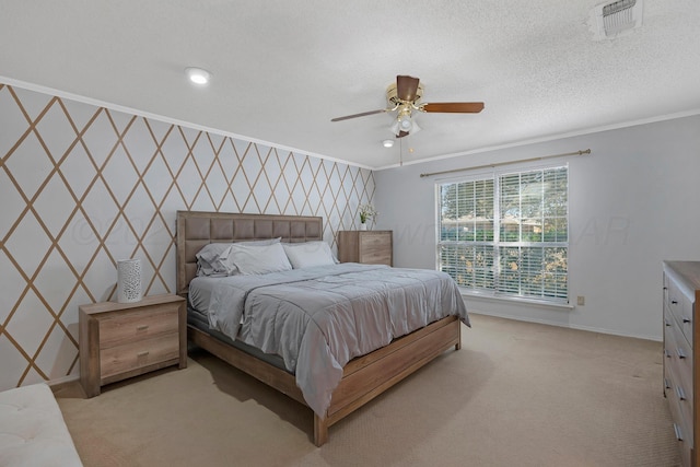 bedroom featuring baseboards, light colored carpet, and ornamental molding