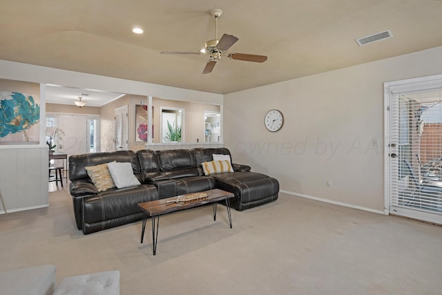 living area featuring visible vents, carpet flooring, baseboards, recessed lighting, and a ceiling fan