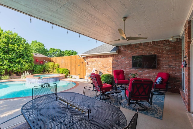 7821 Covington Pkwy, Amarillo, TX 79121 - view of swimming pool with a fenced backyard, a ceiling fan, a patio, outdoor lounge area, and a pool with connected hot tub