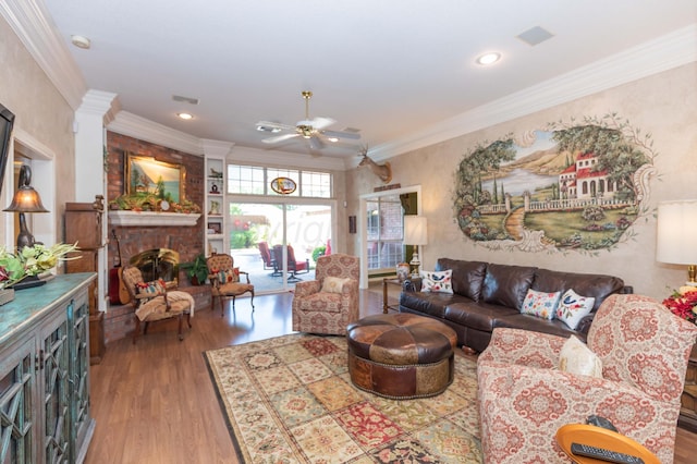7821 Covington Pkwy, Amarillo, TX 79121 - living area with ceiling fan, wood finished floors, crown molding, a brick fireplace, and recessed lighting