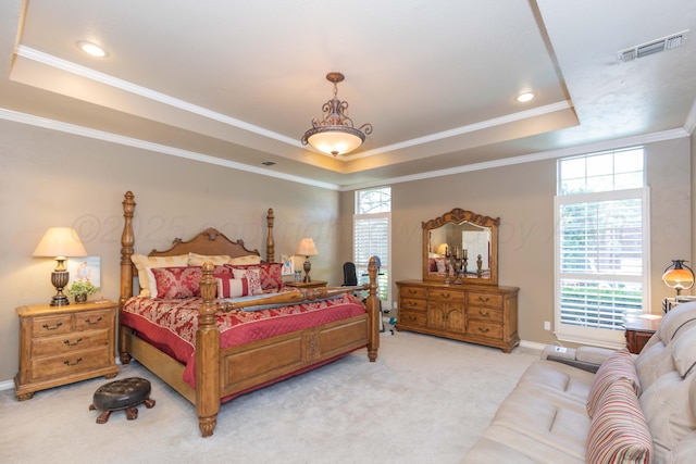 7821 Covington Pkwy, Amarillo, TX 79121 - bedroom featuring a tray ceiling, light carpet, crown molding, baseboards, and recessed lighting