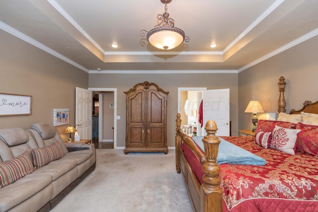 7821 Covington Pkwy, Amarillo, TX 79121 - bedroom featuring a tray ceiling, light carpet, and crown molding