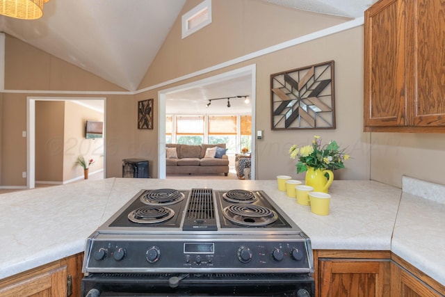 233 Doucette Dr, Howardwick, TX 79226 - kitchen featuring range, vaulted ceiling, brown cabinetry, light countertops, and open floor plan