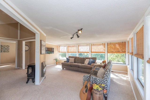 233 Doucette Dr, Howardwick, TX 79226 - carpeted living room with a wood stove, a textured ceiling, and track lighting